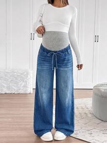 SHEIN Maternity Fashion Versatile Tie-Waist Pocket Denim Jeans For Daily Wear - Blue - View 6