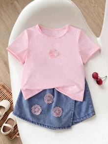 SHEIN Playful Pals 女童休閒可愛圓領標準肩寬彩色波點彩虹印花T恤與純色牛仔裙套裝，夏季返校穿搭 - 粉色 - 查看 6