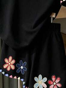 可愛復古花卉貼花刺繡圖案，青少年女孩休閒極簡短袖上衣與短褲兩件套，適合夏季日常、上學、外出、返校，時尚女孩慵懶風 - 彩色 - 查看 6