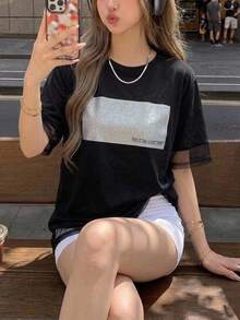 FRIFUL Women's Summer Solid Color Patchwork Sheer Mesh Loose Casual Versatile T-Shirt - Black - View 5
