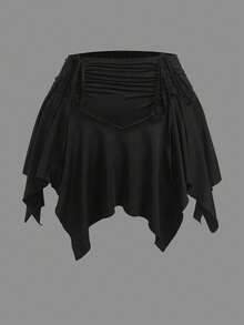 SHEIN CURVE+ Pantalones cortos con cintura elástica, cordón delantero y bajo asimétrico para tallas grandes - Negro - Ver 3