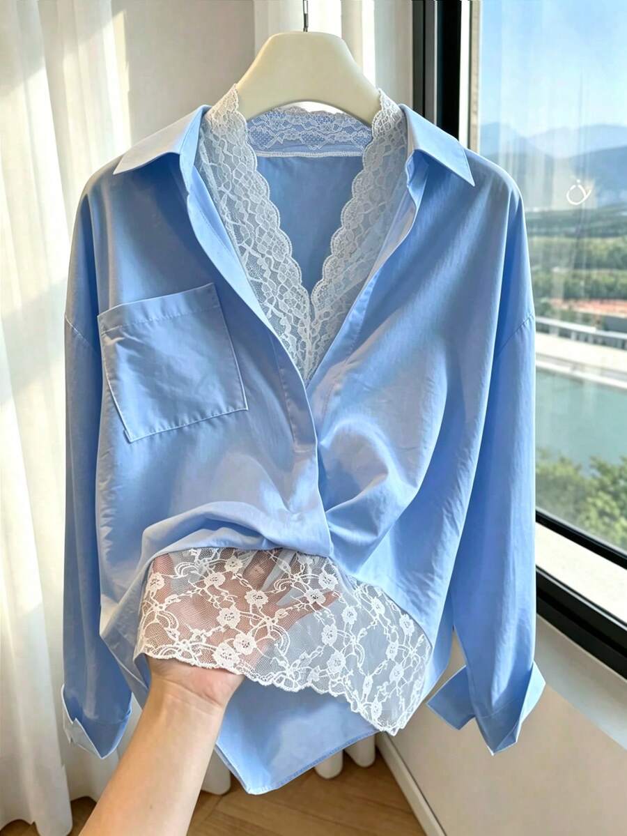 Franclia 女款休閒舒適性感蕾絲拼接 2 合 1 素色襯衫 - 藍色 - 查看 1