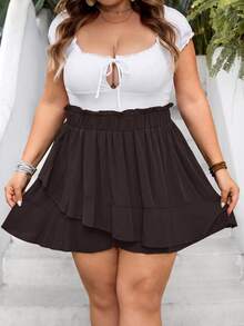 SHEIN CURVE+ Curve Size US22Music Festival, Seaside Vacation, Bohemia Women Solid Color Ruffle Hem Loose Shorts - Brown - View 6