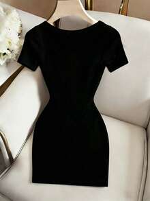 SHEIN Fashion Fitted Sexy Round Neck Textured Patchwork Short Sleeve Women's Dress - Black - View 4