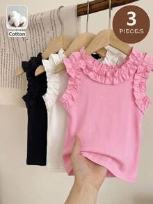 SHEIN Genkimix Kids Conjunto de 3 piezas para niñas jóvenes: Camisetas sin mangas con volantes de unicolor para el verano - Rosa, Blanco & Negro - Multicolor - Ver 2