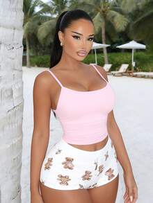 ADELE GRISONI Women's Pink Fitted Camisole, Slim Fit, Sleeveless Layering Crop Top Casual Summer - Pink - View 1
