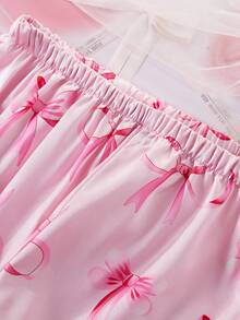 SHEIN طقم بيجامة بنطلون بأكمام طويلة وطبعة فيونكة ساتان للفتيات المراهقات ربيع وخريف - وردي - مشاهدة 3