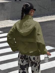 Muchica 女式梭织军绿色连帽拉链长袖防晒夹克（秋冬款） - 軍綠色 - 查看 3