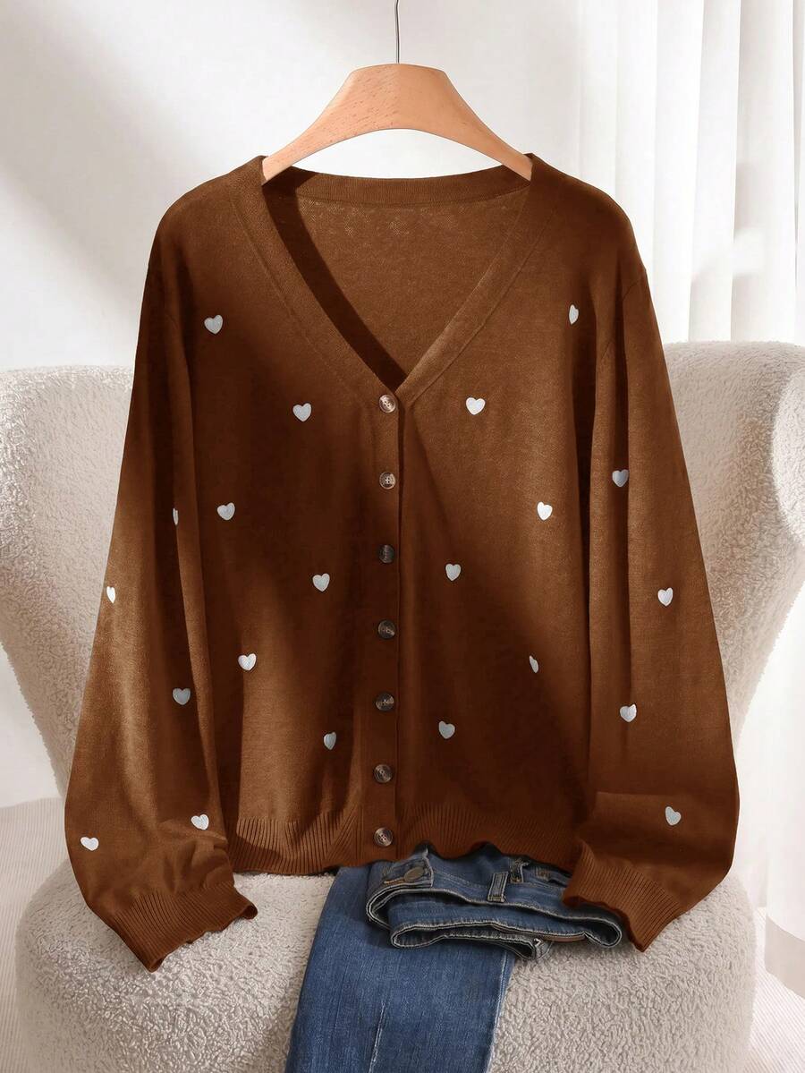 CosyJoli Women's Plus Size Heart Embroidered Basic Cardigan