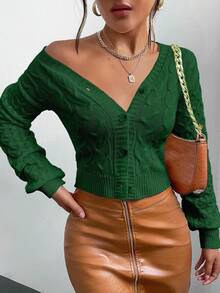 EURMUSE Women's Casual Twist Knit Button-Up Cardigan, Autumn/Winter,Cardigans,Long Cardigans Woman,Petite,Tall - Dark Green - View 5