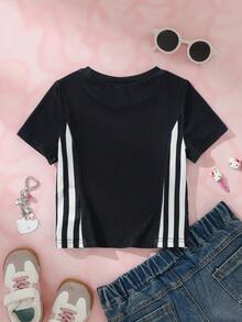 HELLO KITTY AND FRIENDS | SHEIN Young Girl Letter Cartoon Print Casual Daily Short Sleeve T-Shirt - Black - View 2