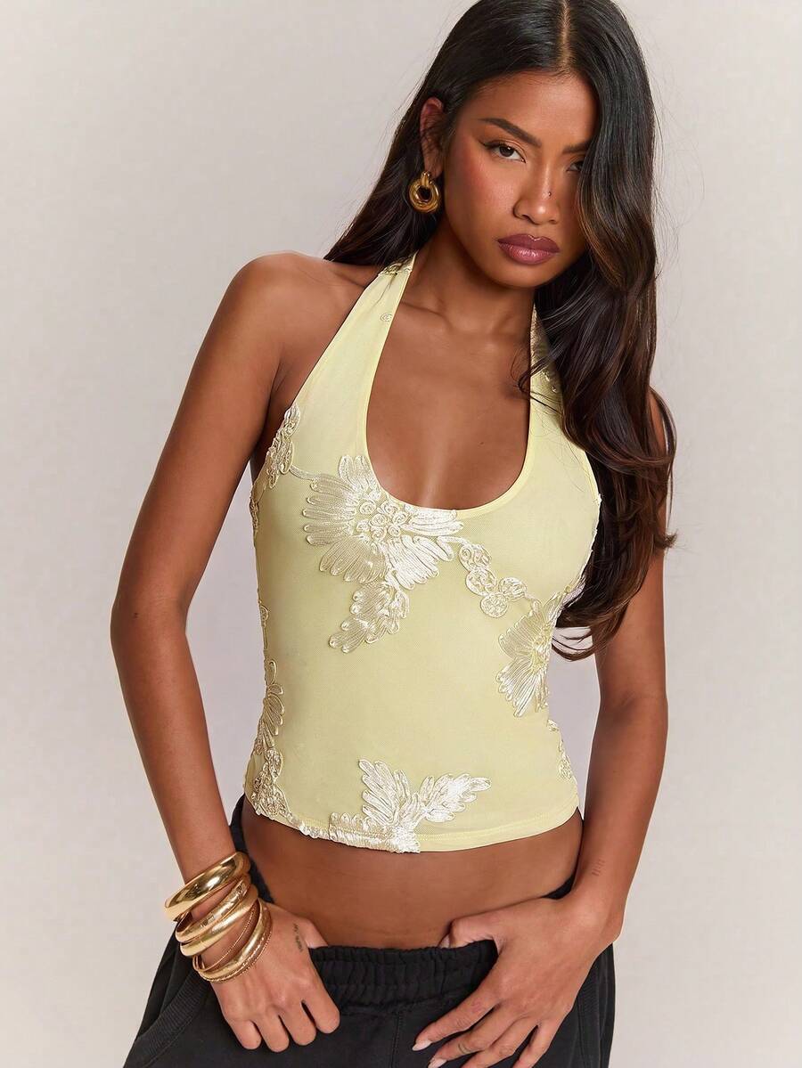 SHEIN BAE 女款緹花修身百搭日常外出掛脖上衣 - 黃色 - 查看 1