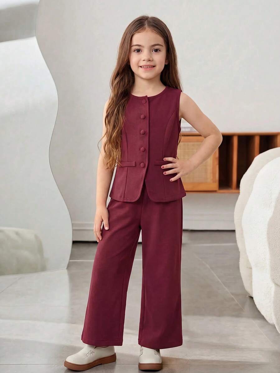 Firerie Kids Firerie Kids Young Girls Casual Daily Fashion Commute Red Vest & Pants 2 Pieces Set - Burgundy - View 1