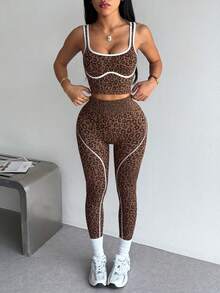 Dewbera Dewbera 2 Potong Set Olahraga, Atasan Tank Top Yoga Fitness Ketat Tanpa Jahitan, Legging Lari Olahraga Blok Warna Pinggang Tinggi - Coklat - View 5