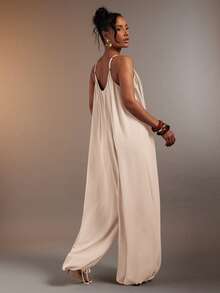 Hauture Women's Vacation Street Pleated Loose Cami Jumpsuit - Apricot - View 3