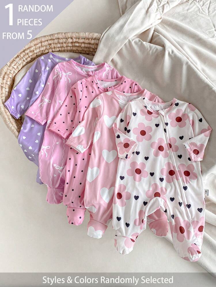 SHEIN 5pcs Randomly Sent 1pc Newborn Baby Girl Jumpsuit Set White Deep Purple Pink Autumn Winter Soft Comfortable Thin Jumpsuit Exquisite Cute Bow Polka Dot Floral Full Print Casual Simple Zipper Long Sleeve Footed Jumpsuit Loungewear - Multicolor - View 6