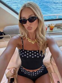 BamGleam Women's Summer Beach Polka Dot Print Camisole Top And Shorts Set For Vacation - Black and White - View 6