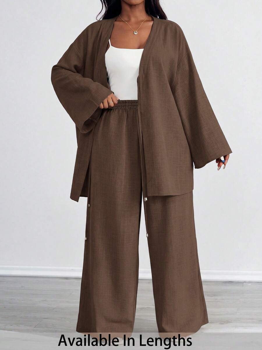 SHEIN PETITE CURVE 大尺碼女款純色長袖開襟衫與長褲休閒日常兩件套 度假辦公巧克力棕色 夏秋款 - 咖啡棕 - 查看 1