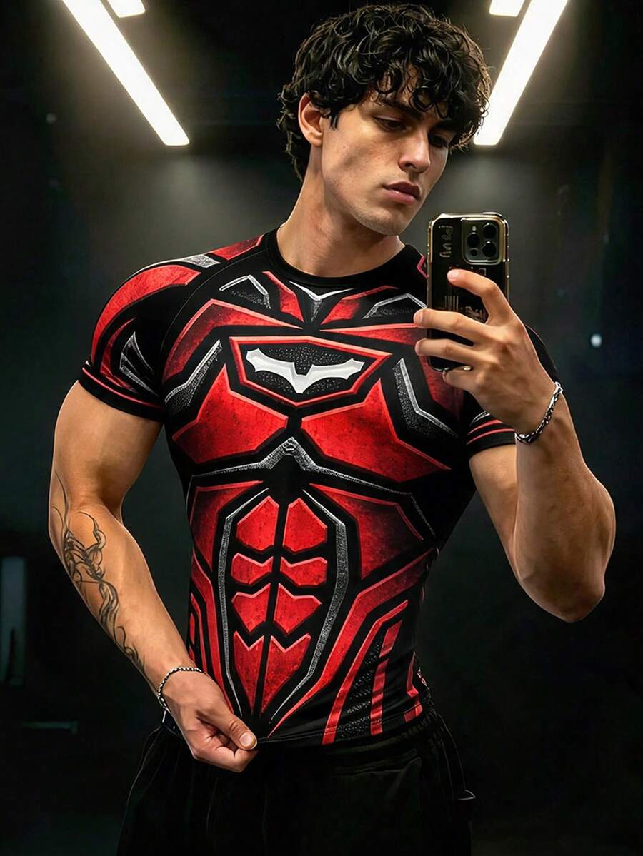 GymBeat 男士時尚印花短袖修身運動T恤 - 彩色 - 查看 1