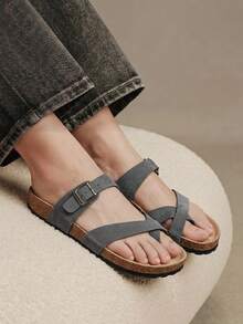 Solecia Sandal Pantai Kasual Wanita dengan Gesper yang Dapat Diatur untuk Sepatu Musim Panas Natal - Flanel abu-abu - View 6