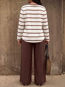EMERY ROSE Women's Autumn/Winter Striped Print Pattern Casual Traditional Plus Size 2 Pieces Set Fall Brunch Formal Cream Chocolate Brown - Multicolor - View 2