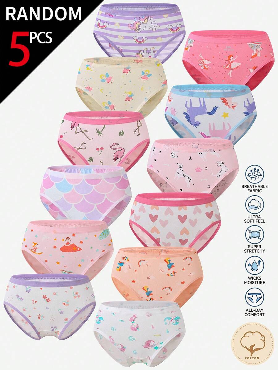 SHEIN 【5件隨機款】女童幼兒棉印花三角內褲 粉色與淺藍色 心形蝴蝶結 兔子美人魚獨角獸仙女紅鶴 冬季款 - 彩色 - 查看 1