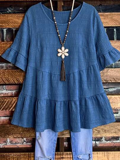 Linhara Plus Size Women's Summer Round Neck Ruffle Trim Short Sleeve Solid Color Textured Top Plaid Top Boho Tops For Women Bohemian Clothes ,Summer Vacation Top