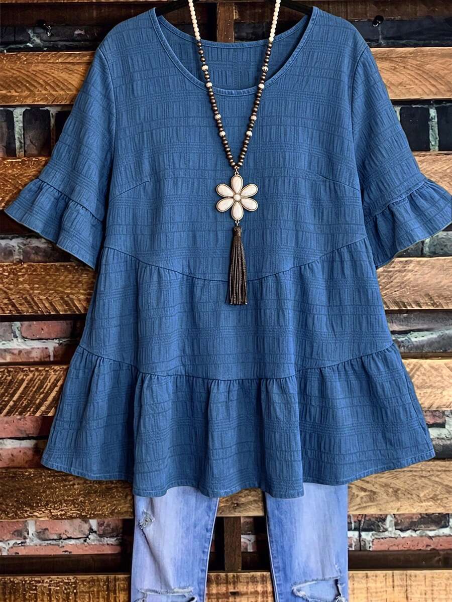 Linhara 大尺碼女款夏季圓領荷葉邊短袖素色紋理上衣 格紋波希米亞風上衣 女款波希米亞服飾 夏季度假上衣 - 藍色 - 查看 1