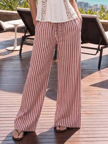 Nöista Pantalones anchos a rayas en color rosa, con una silueta recta y relajada, son elegantes y casuales. El color suave y elegante, así como el material ligero, los hacen adecuados para diversas ocasiones de primavera y verano, desde el trayecto diario hasta las cafeterías y los viajes de fin de semana. Se pueden combinar con tops de punto cortos, camisas y camisetas para crear diferentes estilos. - Rosa - Ver 2
