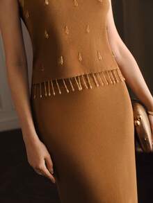 Anewsta Heavy Handcrafted Beaded Tassel Top And Skirt Knit Two Pieces Set Dinner Tea Party Shades Of Brown Summer Elegant - Brown - View 6