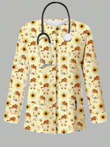 PopScrub Rainbow Brite 卡通矮人向日葵印花刷手服外套，秋季時尚上衣，耳環設計，女護理師刷手服工作服，牛仔風華麗款 - 彩色 - 查看 6