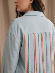 Anewsta Plus Size Women's Spring/Summer New Fringe Decor Long Sleeve Shirt Fall - Blue - View 6
