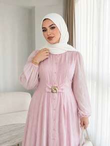 Solavon Gaun Lengan Panjang Ukuran Plus dengan Dekorasi Logam dan Kancing, Modis - Dusty Pink - View 3