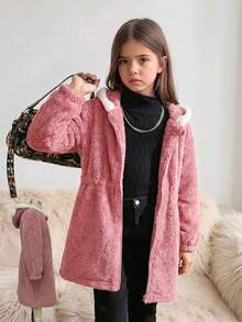 SHEIN 女童長袖前開拉鍊 3D耳朵裝飾可愛連帽秋冬外套 - 粉色 - 查看 13
