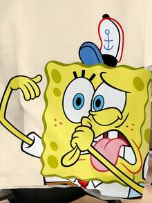 SpongeBob SquarePants | SHEIN Manfinity Joysei 男士卡通印花圓領短袖休閒T恤 - 卡其色 - 查看 3