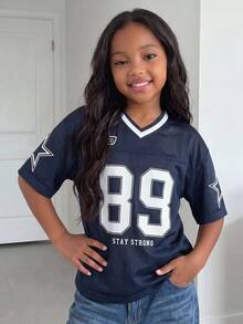 Tween Girls' Sporty Jersey Top, Colorblock With Numeric & Text Print, V-Neck Short Sleeve, Suitable For Sports Events, Spring/Summer - Royal Blue - View 1