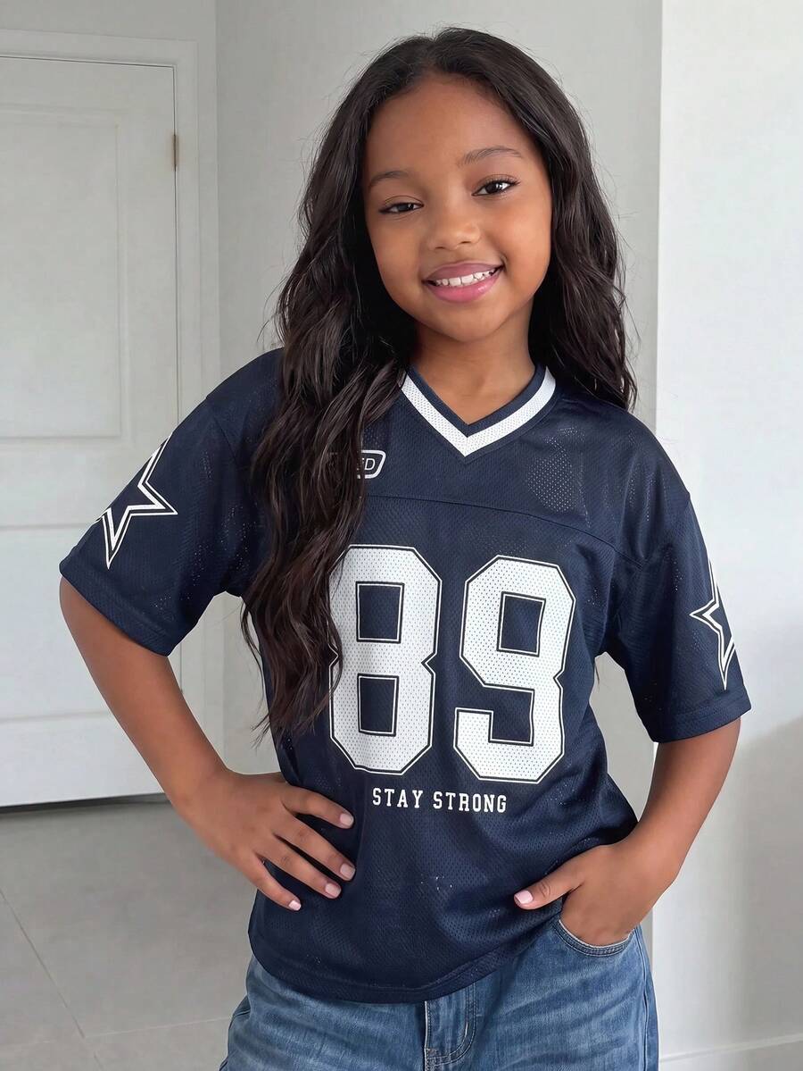 Tween Girls' Sporty Jersey Top, Colorblock With Numeric & Text Print, V-Neck Short Sleeve, Suitable For Sports Events, Spring/Summer - Royal Blue - View 1