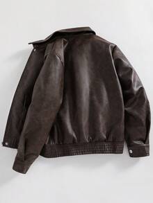 SHEIN Little Byeori 兒童青少年男孩休閒學院風 PU 翻領貼袋寬鬆加厚機車夾克，適合春季、秋季、冬季，適用於學校、家庭聚會、開學季、運動、生日派對 - 卡其色 - 查看 5