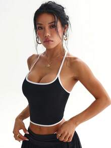 Dewbera Dewbera Women's Colorblock Back Cutout Halter Neck Sports Tank Top Gym Workout Black And White Summer Athletic Sexy - Black and White - View 7