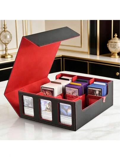 A Storage Box That Can Hold Over 1800 Commander Cards, With Card Collection And Display, A Display Window, And Various Sports And Game Cards.