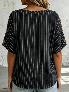 Linhara CURVE 大尺碼女款V領短袖鈕扣條紋襯衫，夏季度假棉質休閒上衣 - 黑色 - 查看 2