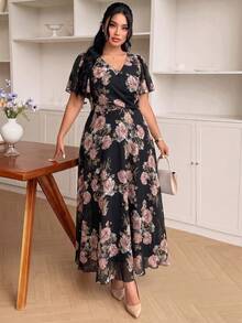 Modelyn Gaun Chiffon Elegan Motif Bunga Leher V Lengan Pendek Pinggang Terikat Potongan A-Line Regular Fit Ukuran Plus untuk Musim Semi dan Musim Panas - MultiWarna - View 4
