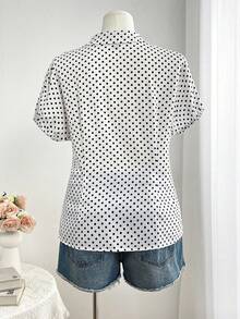 SHEIN CURVE+ Plus Size Polka Dot Short Sleeve Shirt With Button Down Collar - White - View 2