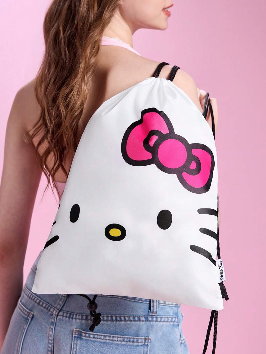 HELLO KITTY AND FRIENDS | SHEIN 可愛貓咪印花抽繩背包,輕量聚酯纖維,可調節肩帶,適用於運動、學校、旅行、健身房 - 白粉 - 查看 1