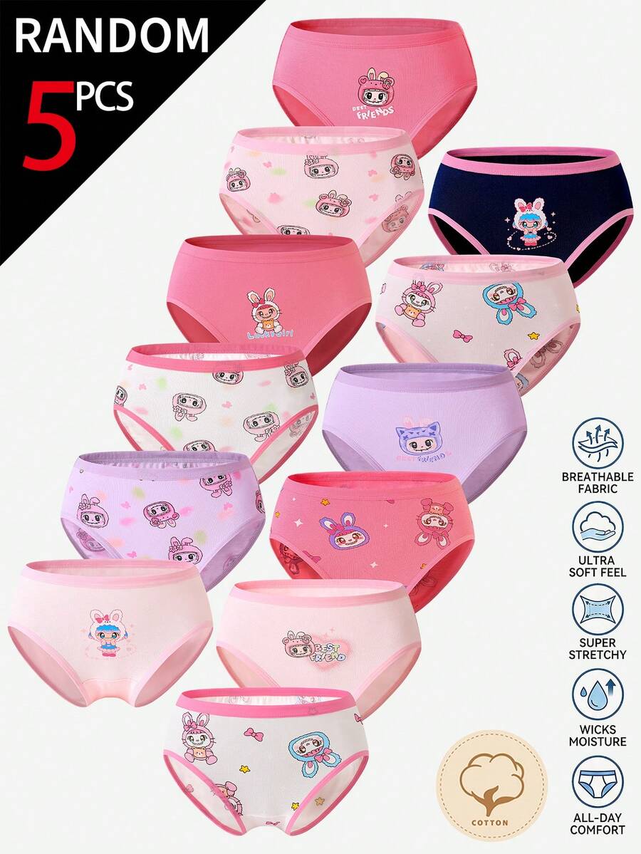 SHEIN 5条/套 女孩可爱兔子图案纯棉三角裤,颜色随机 - 彩色 - 查看 1