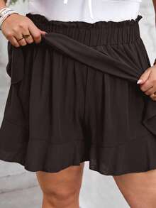 SHEIN CURVE+ Curve Size US22Music Festival, Seaside Vacation, Bohemia Women Solid Color Ruffle Hem Loose Shorts - Brown - View 7