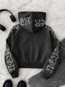 SHEIN 青少年女孩文字印花拉鍊連帽衛衣，秋冬長袖上衣，畢業穿搭，開學穿搭 - 灰色 - 查看 2