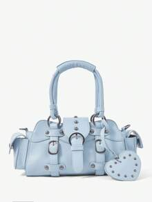 Viva Strut Ladies Fashionable Personalized Street Sweet Cool Babes Y2K Style Heart Pendant Vintage Locomotive Handbag, Light Blue Fauxn Leather - Sky Blue - View 3