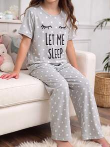 Teen Girls 2-Piece Set Summer New Arrival, Grey & White Polka Dot Print, Korean Sweet Style, Round Neck Short Sleeve Top & Long Pants, Soft Milk Silk Knit Fabric, Loose Comfortable Fit, Playful Letter & Eyelash Print Design, Energetic Girl Vibe, Loungewear Can Be Worn Out - Grey - View 5