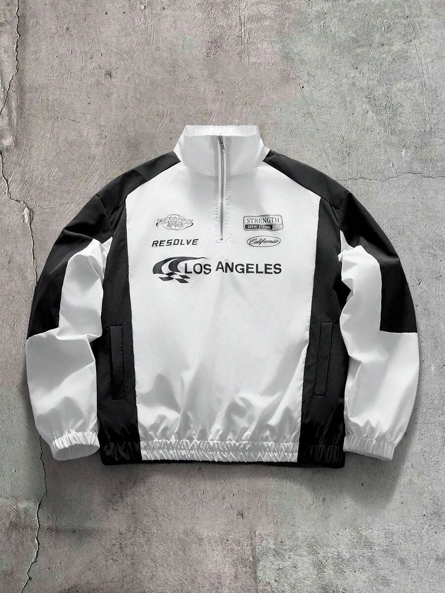 AXEPEAK Chaqueta casual de manga larga con patrón de letras y contraste de color para hombres - Blanco y Negro - Ver 1